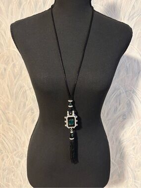 Art Deco Xavier Black Tassel Pendant/Watch with Emerald Green Stone 30”+2”